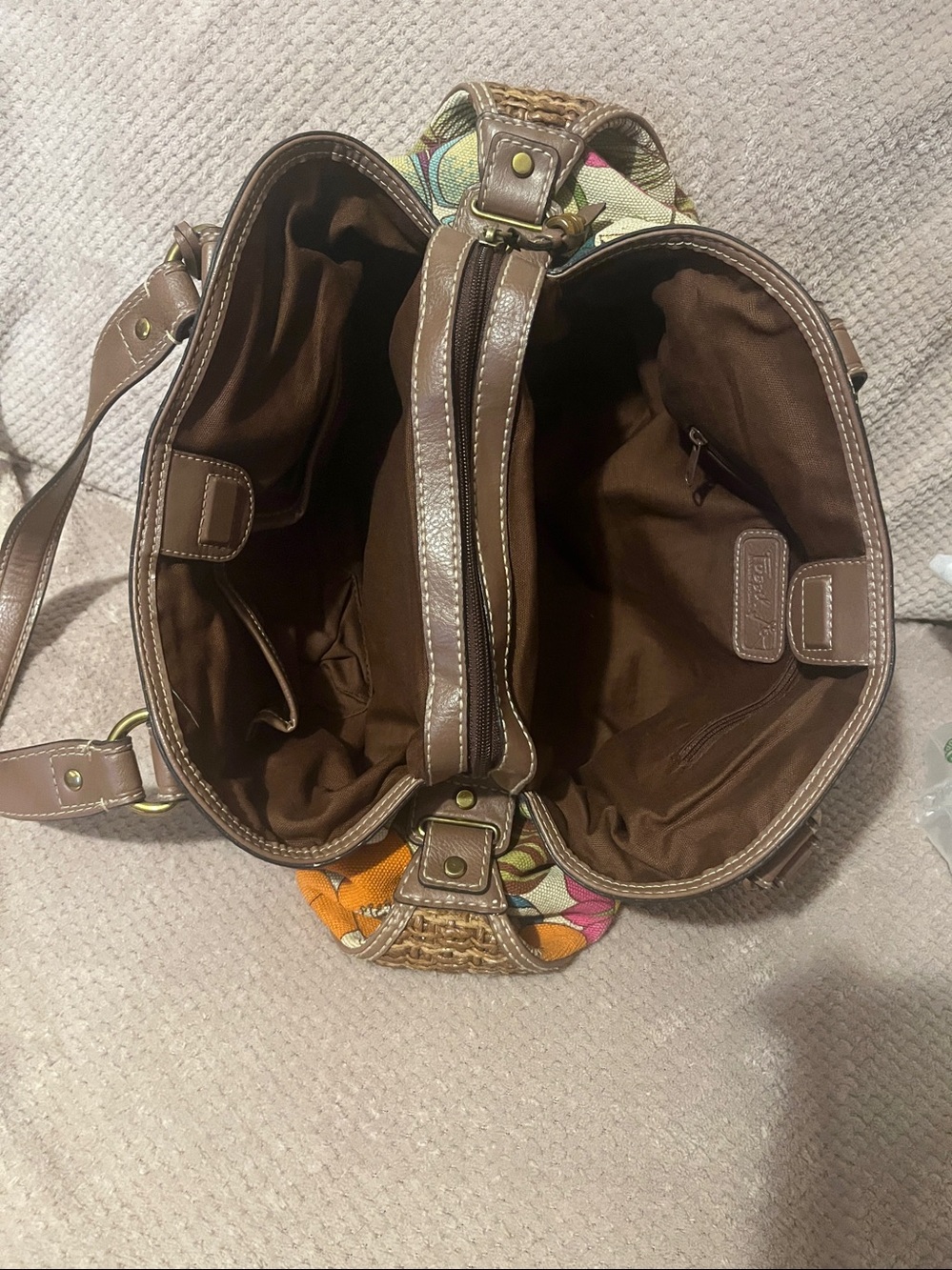 Floral Fossil Canvas Shoulder Bag with Brown Leather Handles - Picture 7 of 11